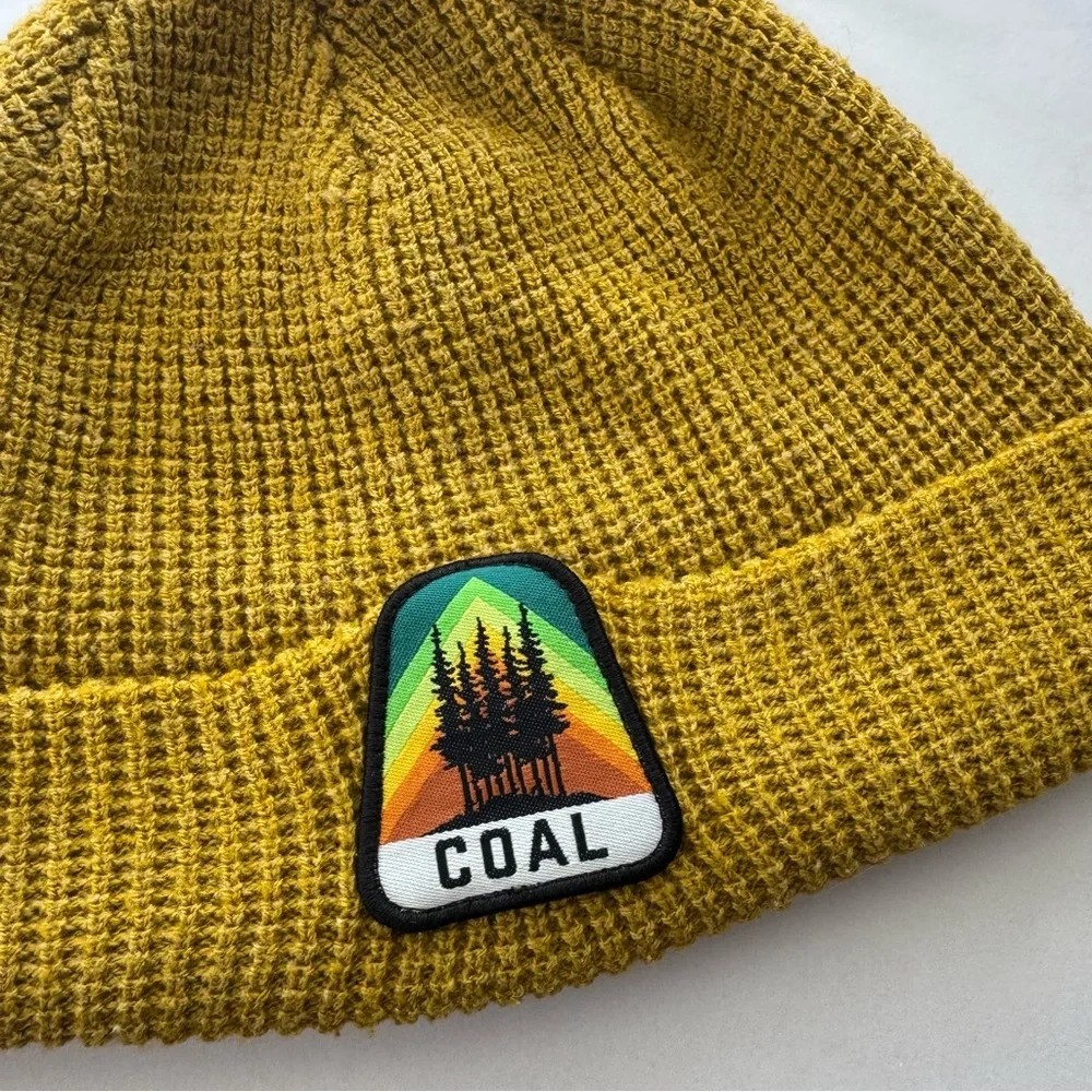 Coal Mustard Yellow Waffle Knit Beanie Rainbow Trees Patch Outdoor Hiking Unisex